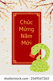 2025 Lunar New Year Tet cute snake, red envelope, yellow apricot blossoms, Vietnamese text Happy New Year. Hand drawn vector illustration. Flat style design. Holiday card, poster, banner concept