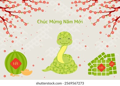 2025 Lunar New Year Tet cute snake, rice cakes, watermelon, gold, peach blossoms, Vietnamese text Happy New Year. Hand drawn vector illustration. Flat style design. Holiday card, banner concept