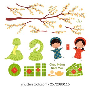 2025 Lunar New Year Tet design elements set, cute snakes, kids in ao dai, red envelope, rice cakes, watermelon, gold, apricot blooms, Vietnamese text Happy New Year isolated. Flat vector illustration