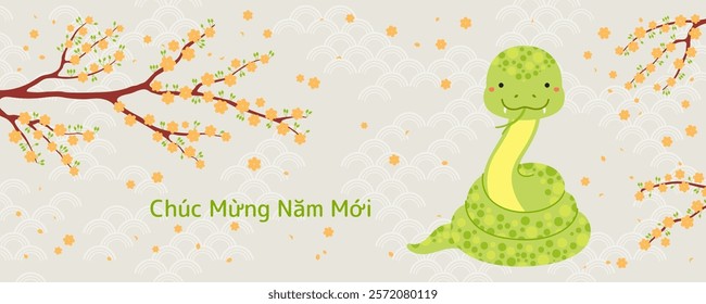 2025 Lunar New Year Tet cute snake, yellow apricot blossoms, Vietnamese text Happy New Year. Hand drawn vector illustration. Flat style design. Holiday card, poster, banner concept