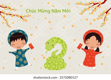 2025 Lunar New Year Tet cute kids in ao dai, snake, red envelope, apricot blossoms, Vietnamese text Happy New Year. Hand drawn vector illustration. Flat style design. Holiday card, banner concept