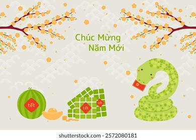 2025 Lunar New Year Tet cute snake, rice cakes, watermelon, gold, apricot blossoms, Vietnamese text Happy New Year. Hand drawn vector illustration. Flat style design. Holiday card, banner concept