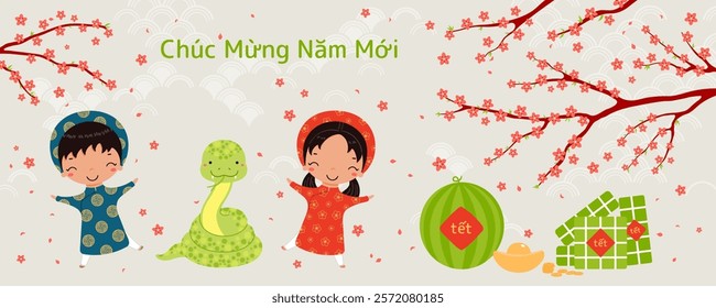 2025 Lunar New Year Tet cute kids in ao dai, snake, rice cakes, watermelon, gold, peach blossoms, Vietnamese text Happy New Year. Vector illustration. Flat style design. Holiday banner concept