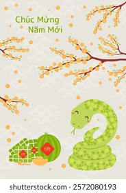 2025 Lunar New Year Tet cute snake, rice cakes, watermelon, gold, apricot blossoms, Vietnamese text Happy New Year. Hand drawn vector illustration. Flat style design. Holiday card, banner concept