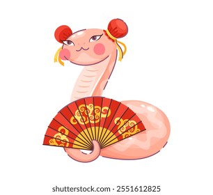 2025 lunar ano desenho animado serpente personagem segurando ventilador vermelho vestindo tradicional cocar. Zodíaco réptil rosa vetor isolado animal com uma expressão de sonho e pose elegante representa feriado chinês