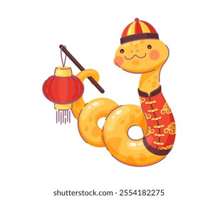 2025 lunar year cartoon snake character holding red lantern. Vector cheerful reptile dressed in traditional festive Chinese hat and jacket adorned with gold details celebrating the lunar new year 2025