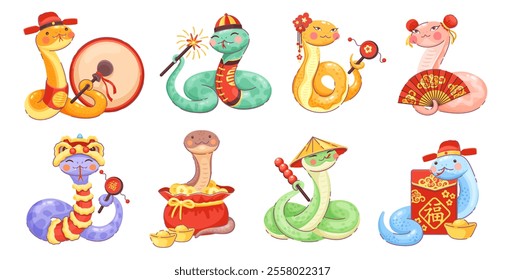 2025 lunar year cartoon snake characters with Chinese holiday decorations, vector personages. Funny snakes in traditional costumes with drums and golden ingots for 2025 Chinese New Year calendar