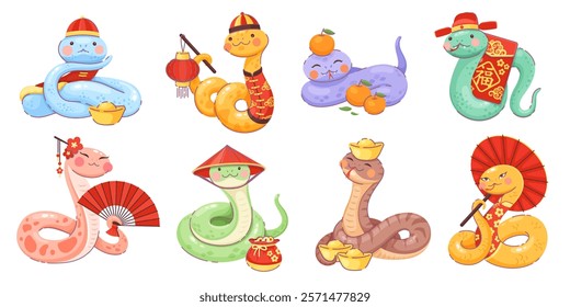 2025 lunar year cartoon snake characters. Chinese lunar calendar New Year reptile animals vector mascots set. Funny snakes characters with paper lantern, parasol and fan, wearing asian clothing