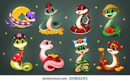 2025 lunar year funny cartoon snake characters for Chinese holiday, vector personages. Funny snakes in traditional Hanfu costumes with gold coin and sycee ingot for 2025 Chinese New Year calendar