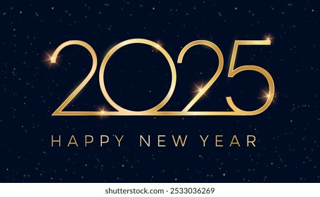 2025 luxury golden Happy New Year on golden sparkling dust glitter on dark blue background, New Year 2025 numbers decorative shiny design for award celebration