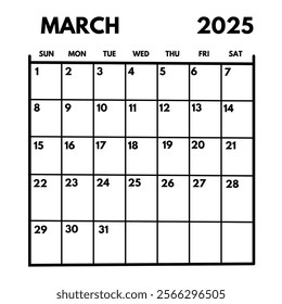 2025 March Calendar: Month Planner, Days, Dates, Grid