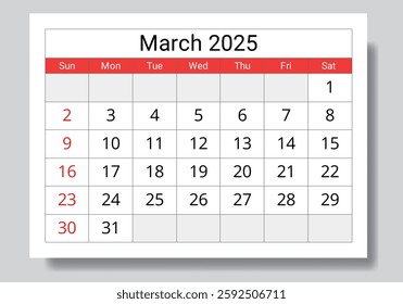 2025 march calendar. A vector collection of English monthly page calendars. Design with Sunday start