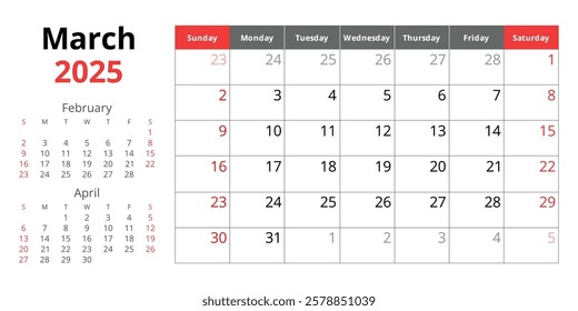 2025 march calendar. A vector English monthly. Spring month. Design with Sunday start