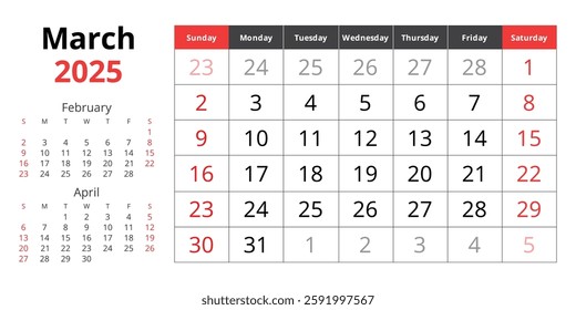 2025 march calendar. Vector English monthly. Spring month. Design with Sunday start