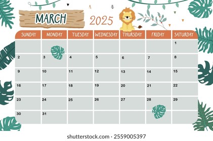 2025 March calendar week start on Sunday with safari style for horizonral printable design