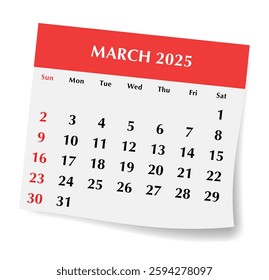 2025 march English calendar. A vector illustration of monthly paper page with shadow. Design with Sunday start