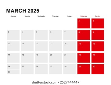 2025 March planner calendar design. Week starts from Monday. Vector illustration.