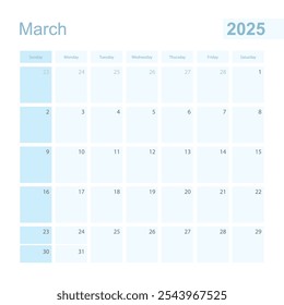 Planificador de pared de marzo de 2025 en color azul, la semana comienza el domingo. Calendario para marzo de 2025 con día del mes anterior y del próximo.