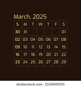 2025 March Year all months calendar Single Page corporate wall 2025 12 months calendar template, black and white