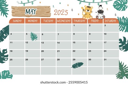 2025 May calendar week start on Sunday with safari style for horizonral printable design