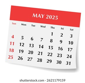 2025 maio calendário inglês. Uma ilustração vetorial da página mensal de papel com sombra. Design com início aos domingos