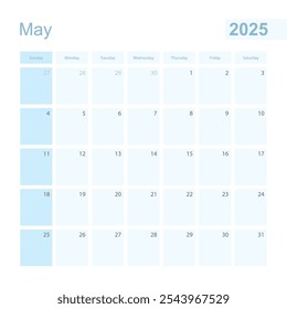 2025 Mayo planificador de paredes en color azul, la semana comienza el domingo. Calendario para mayo de 2025 con día del mes anterior y siguiente.