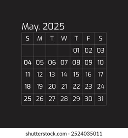 2025 May Year all months calendar Single Page corporate wall 2025 black and white 12 months calendar template Vector Graphic Design