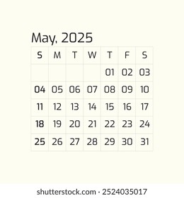 2025 maio Ano todos os meses calendário Página única parede corporativa 2025 12 meses calendário modelo Vetor Design Gráfico