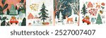 2025. Merry Christmas and Happy New Year! Vector cute illustration of winter landscape with Christmas tree, car with gifts, animal deer in forest for greeting card, poster, background or invitation