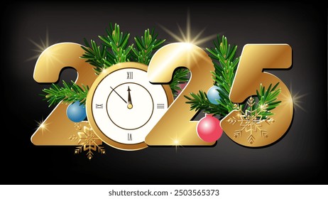 2025. Merry Christmas. Happy New Year 2022. Golden numbers with golden clock, Christmas tree branches and toys isolated on black background. Xmas surprise, holiday. Greeting card. Vector illustration