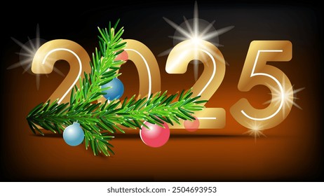 2025. Merry Christmas. Happy New Year 2025. Golden numbers, glitter, Christmas tree branches and toys isolated on black background. Christmas surprise, holiday. Greeting card. Vector illustration