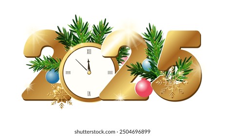 2025. Merry Christmas. Happy New Year 2025. Golden numbers with golden clock, Christmas tree branches and toys isolated on white background. Xmas surprise, holiday. Greeting card. Vector illustration