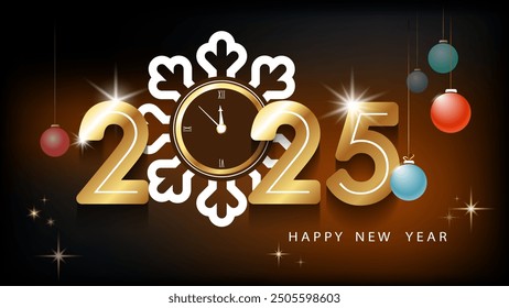 2025. Merry Christmas. Happy New Year 2025. Gold numbers, glitter, white snowflake clock, Christmas colored toys, on black background. Design for calendar, Holiday. Greeting card. Vector illustration