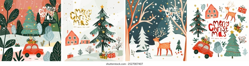 2025. Merry Christmas and Happy New Year! Vector cute illustration of winter landscape with Christmas tree, car with gifts, animal deer in forest for greeting card, poster, background or invitation