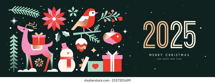 2025 Feliz Natal e Feliz Ano Novo fundo, banner, design de cartaz com ilustração estilo liso na moda.