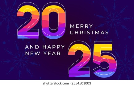 2025 Merry Christmas and Happy New Year, vector greeting postcard with glowing snowflakes on blue background. Premium Corporate Holiday card and invitation. Rainbow colored