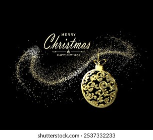 2025 Feliz Navidades . Elementos aislados con arco brillante dorado con juguetes de Navidades retro.