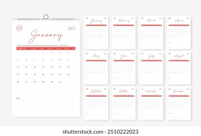 2025 minimal calendar design template, 12 page wall calendar design