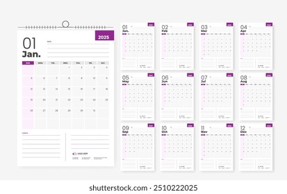 2025 minimal calendar design template, 12 page wall calendar design