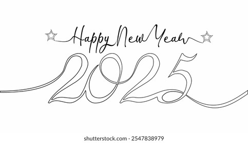 2025 - Minimalist Happy New Year banner featuring elegant line art and script typography, complete with decorative star accents. Suitable for greeting cards or festive announcements.