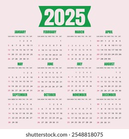 2025 minimalist yearly calendar template featuring a clean, modern design. Perfect for personal, office, or professional planning. Includes all 12 months with a simple layout for easy organization