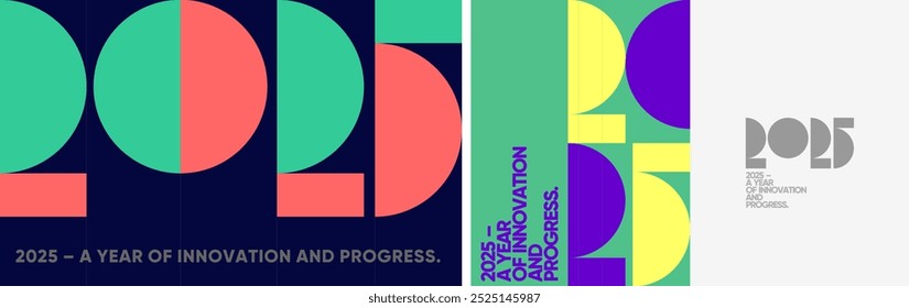 2025 modern geometric design symbolizing innovation and progress, featuring bold green, purple, and red shapes. Ideal for promotional banners, cards, or media covers.