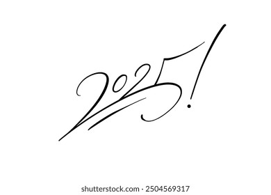 2025 modern thin lettering. New Year minimalistic elegant greeting card. Hand drawn black inscription.