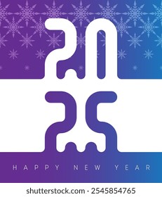 2025: La tipografía moderna se encuentra con la magia del copo de nieve en este elegante saludo de año Nuevo. El degradado púrpura-azul pinta una celebración genial. Diseño de Vertical.