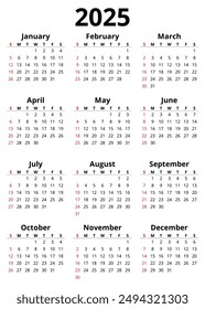 2025 month printable calendar. Modern vector template illustration. Plan your year with style