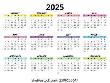 2025 month printable color calendar. Modern vector template illustration. Plan your year with style