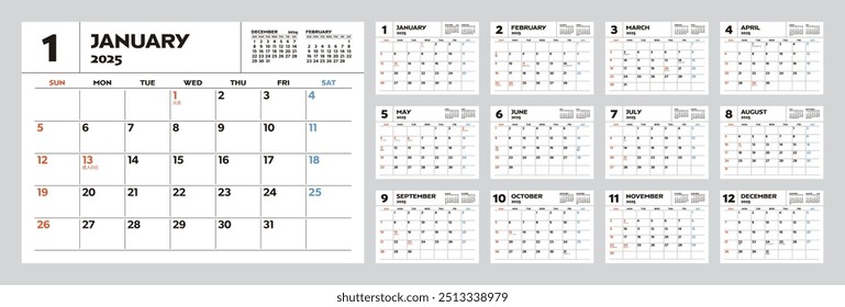 2025 monthly calendar 12 month set, includes Japanese holidays and events, desk calendar