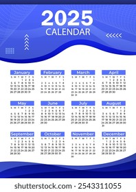 2025 Monthly calendar template. minimalist desk calendar. Diary planner for 2025. Week starts on Sunday, corporate design planner template. Set of 12 months.