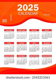 2025 Monthly calendar template. minimalist desk calendar. Diary planner for 2025. Week starts on Sunday, corporate design planner template. Set of 12 months.