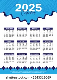 2025 Monthly calendar template. minimalist desk calendar. Diary planner for 2025. Week starts on Sunday, corporate design planner template. Set of 12 months.